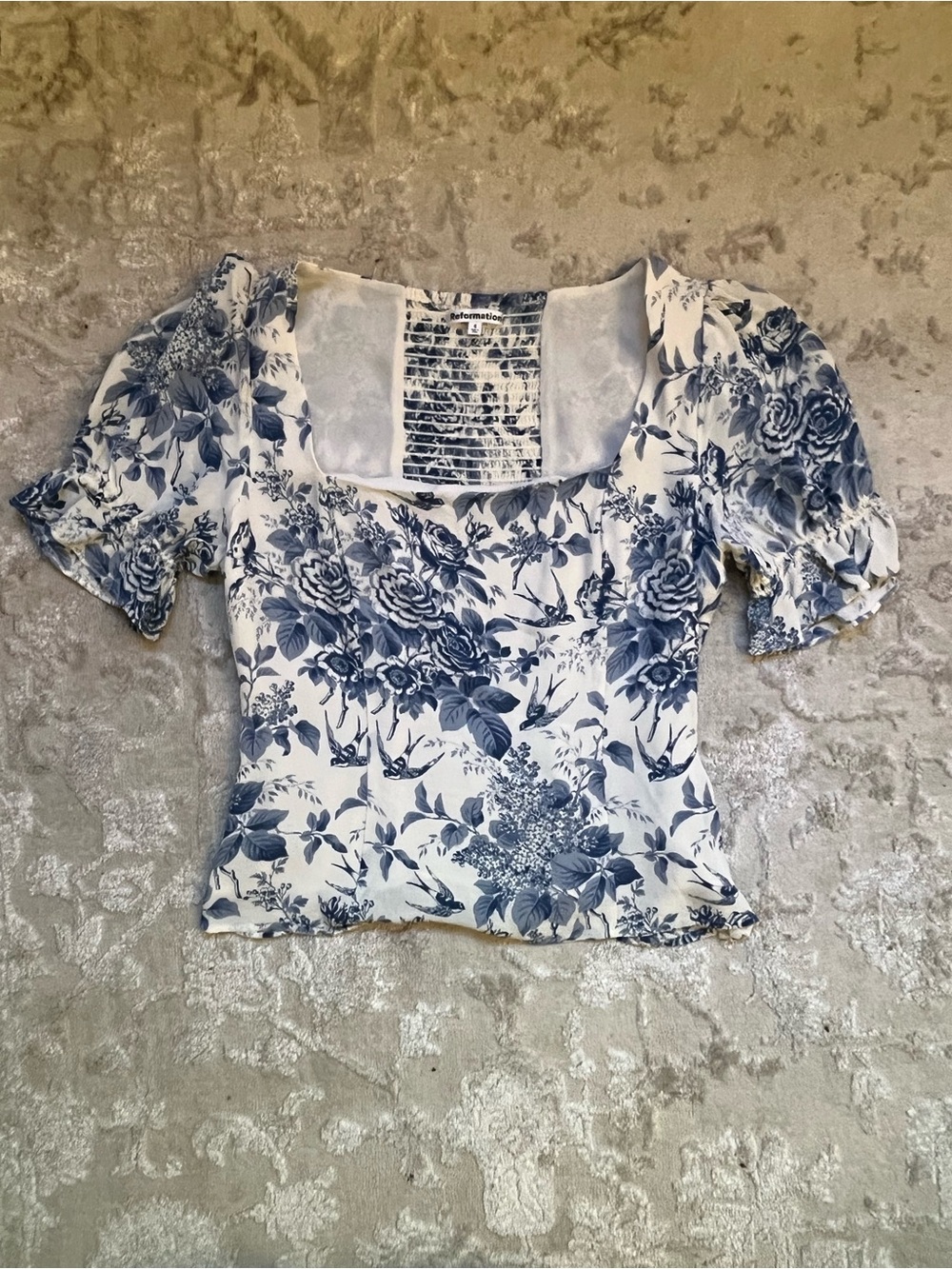 Reformation Blue and White Floral Square-Neck Puff Sleeve Crop Top